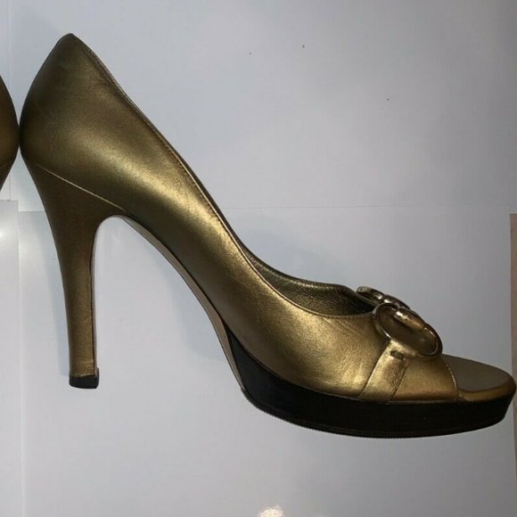 GUCCI GOLD PLATFORM HORSEBIT HEELS PUMPS OPEN-TOE 8.5 RARE! - Picture 3 of 8